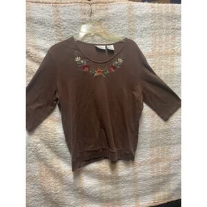 Elisabeth Williams Woman’s Large Blouse 3/4 Length Sleeve Embroidery Fall Flower